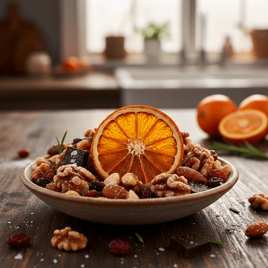 Citre&Co, Gesunder Snack, Getrocknete Orangen, Nussmischung, Studentenfutter, Zvieri Idee, Energiehappen, Dunkle Schokolade, Vegan Snacken, Superfood Mix, Walnüsse und Mandeln, Food Fotografie, Winter Rezepte, Vitamin C Boost, Kulinarische Geschenke.