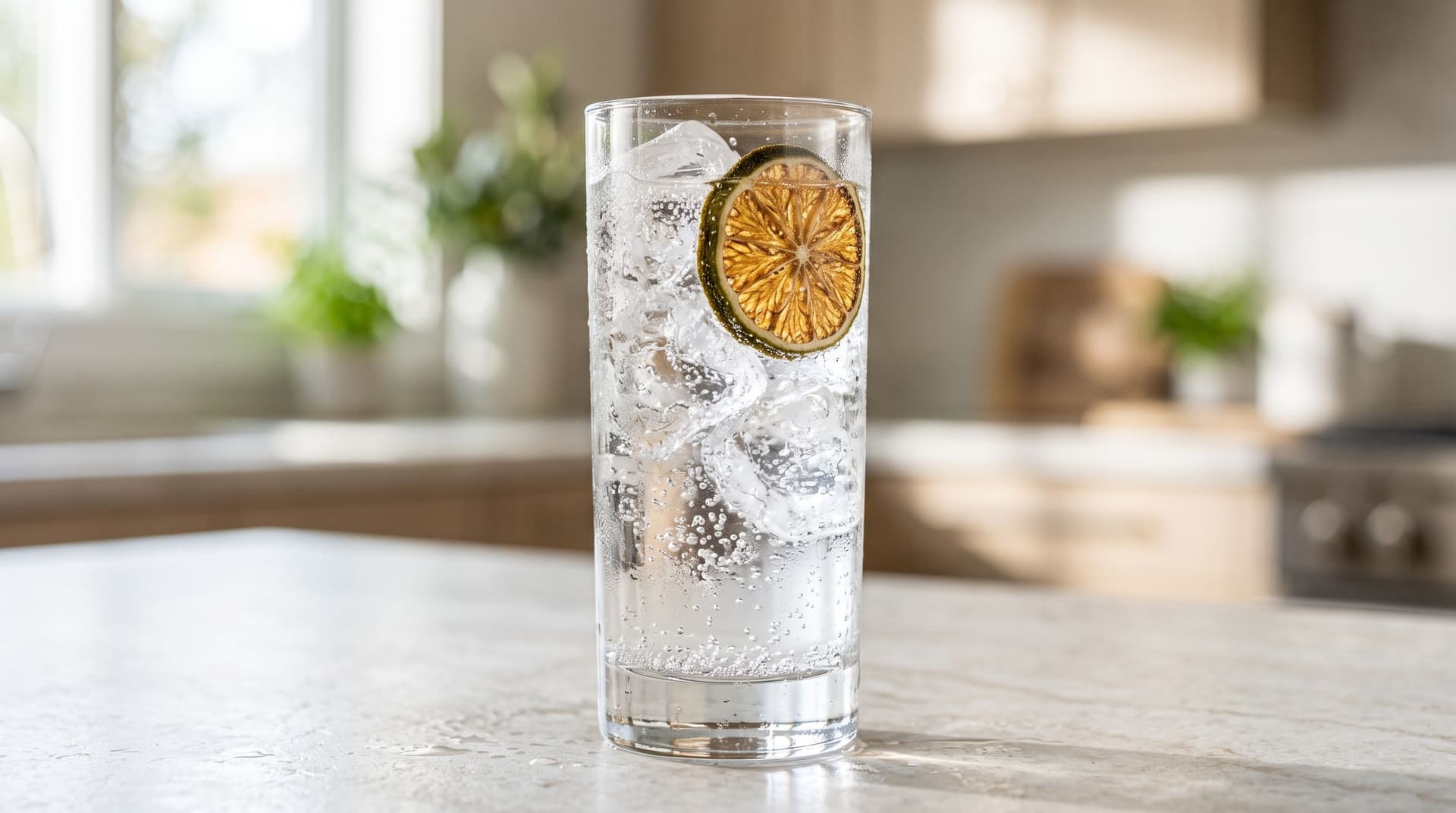 Ein Glas sprudelndes Infused Water mit Eiswürfeln und einer getrockneten Limettenscheibe als Dekoration auf einer hellen Küchentheke.