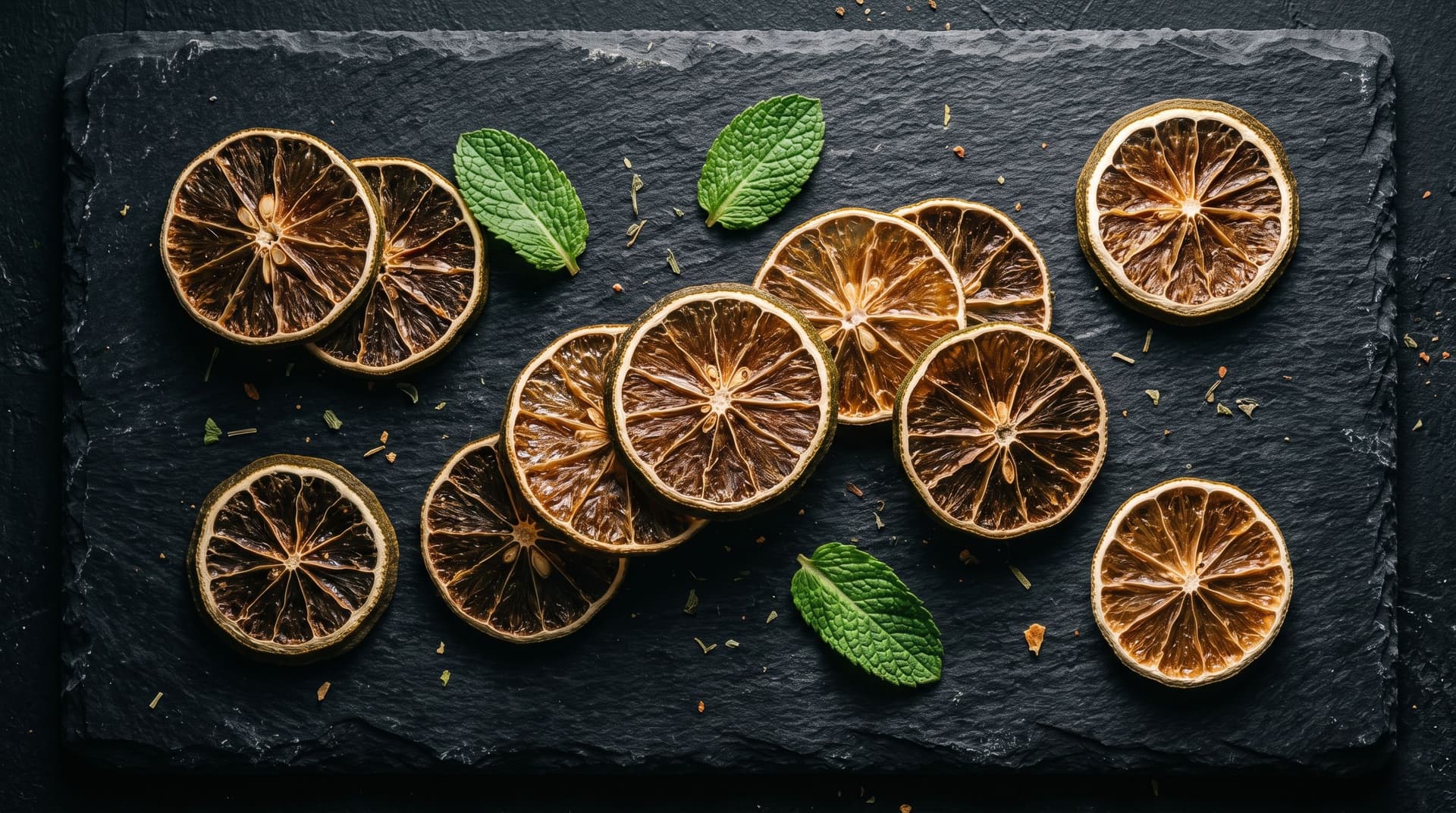 Getrocknete Limettenscheiben als Premium Cocktail Garnitur, arrangiert auf einer dunklen Schieferplatte mit frischen Minzblättern.